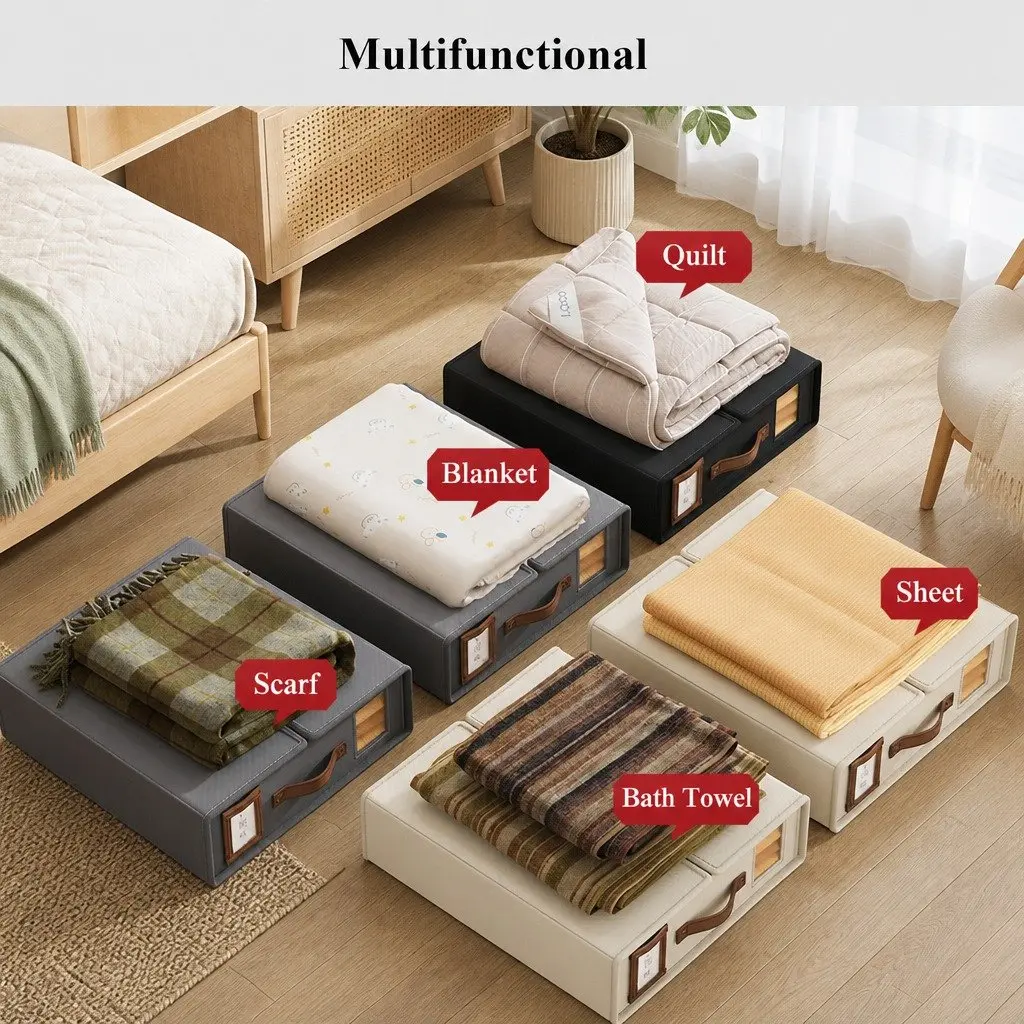 Bed Sheet Organizer Storage Box Set of 4 Durable Fabric with Clear Window and PU Leather Handle 38 x 12 x 32 cm