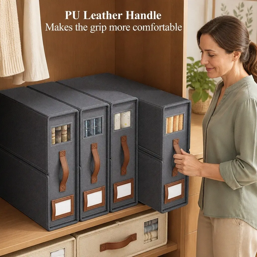 Bed Sheet Organizer Storage Box Set of 4 Durable Fabric with Clear Window and PU Leather Handle 38 x 12 x 32 cm