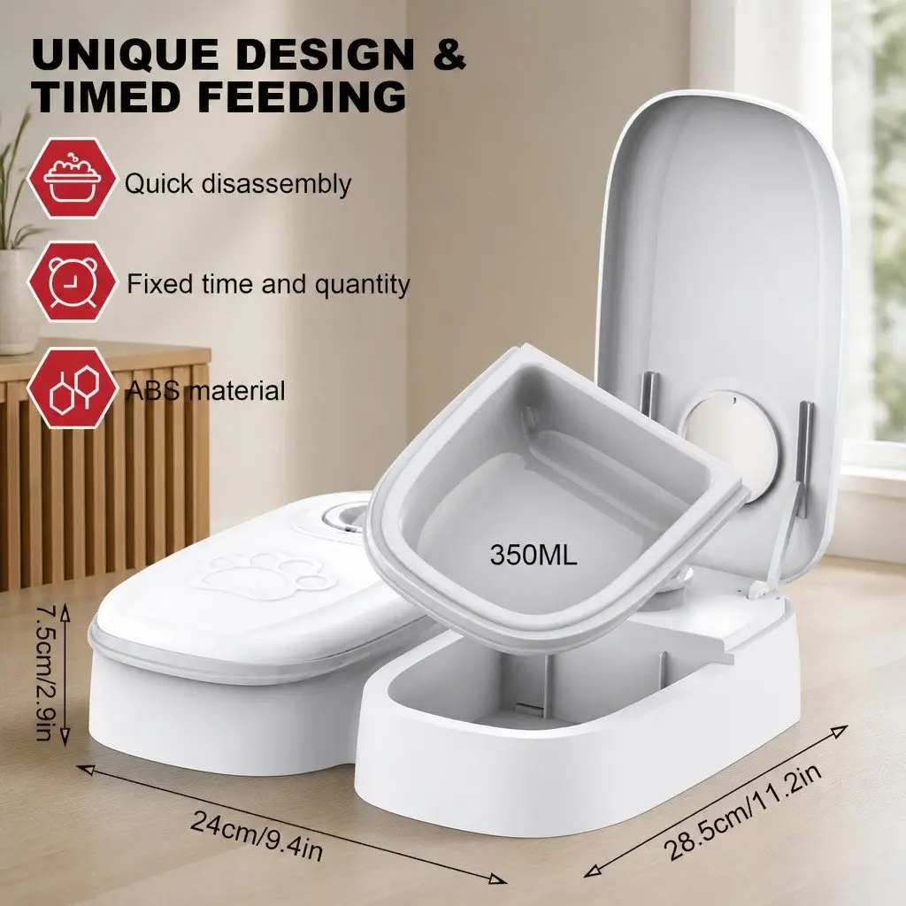Automatic Pet Feeder Dual Bowl 700ML ABS Cat Dog Wet Dry Food Dispenser