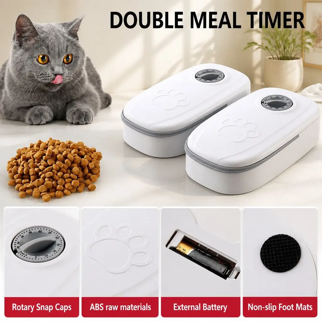 Automatic Pet Feeder Dual Bowl 700ML ABS Cat Dog Wet Dry Food Dispenser