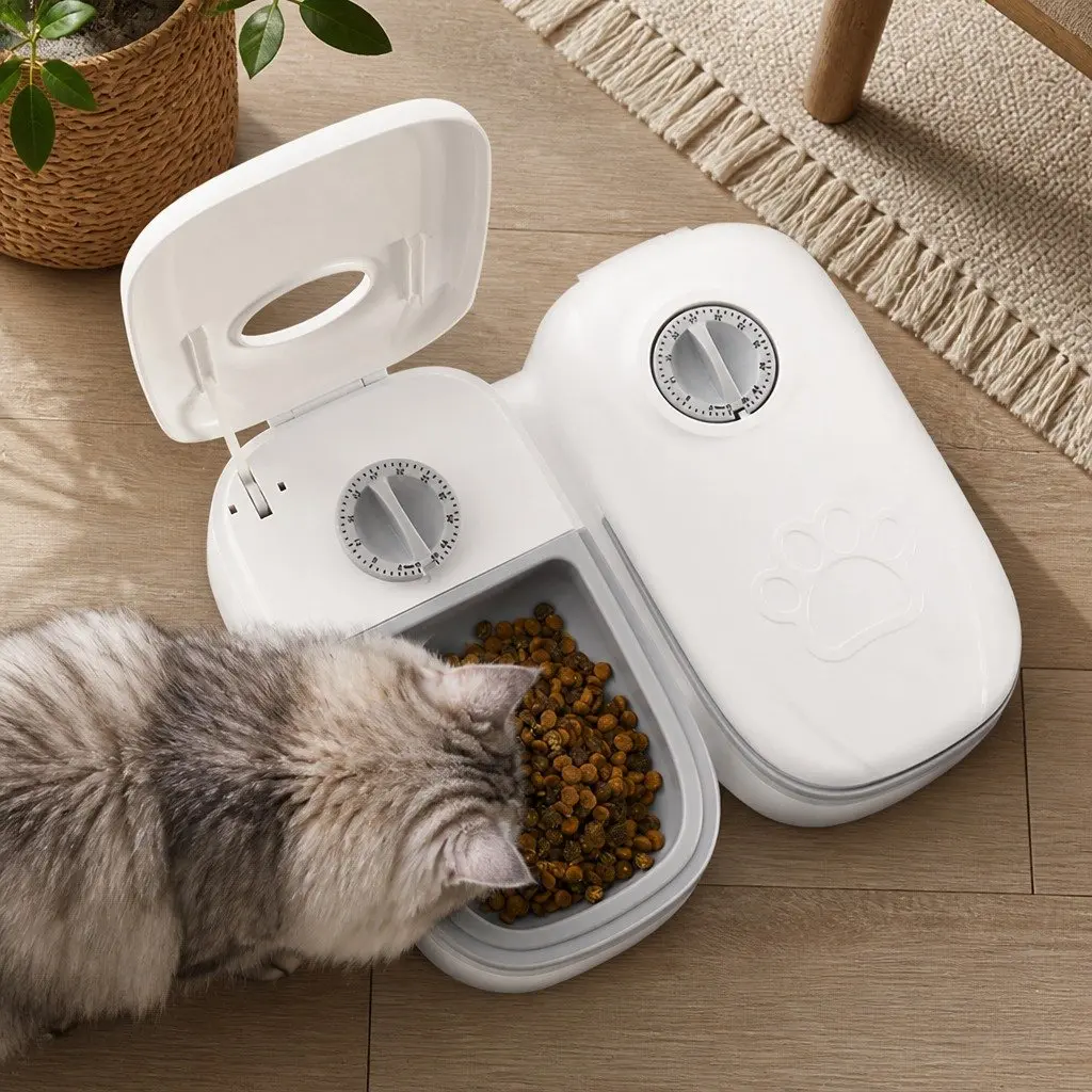 Automatic Pet Feeder Dual Bowl 700ML ABS Cat Dog Wet Dry Food Dispenser