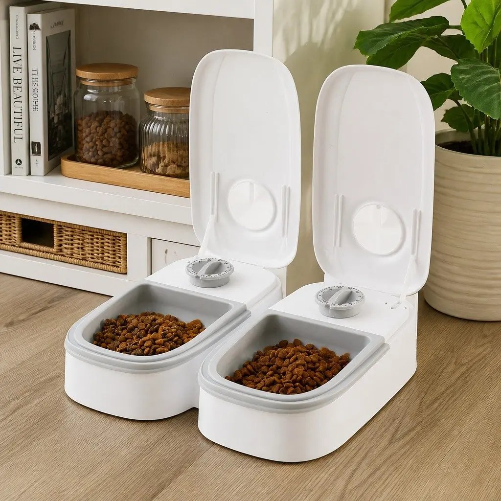 Automatic Pet Feeder Dual Bowl 700ML ABS Cat Dog Wet Dry Food Dispenser