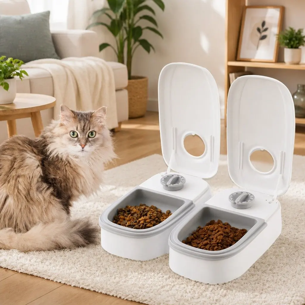 Automatic Pet Feeder Dual Bowl 700ML ABS Cat Dog Wet Dry Food Dispenser