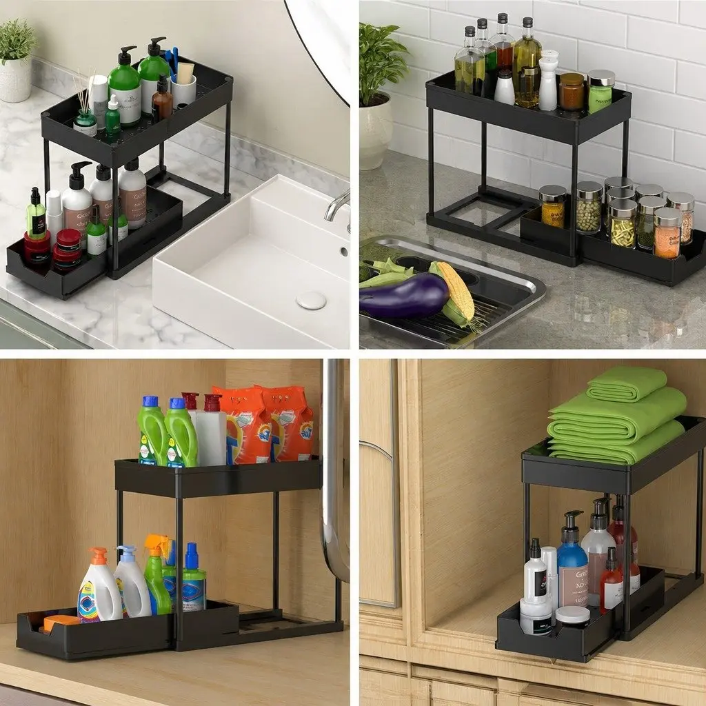 Under Sink Organizer ABS 2 Tier Pull-Out Basket 2 Pack White