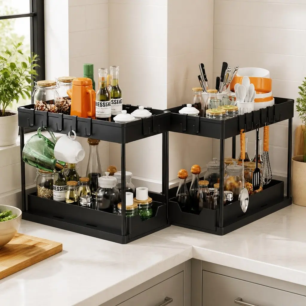 Under Sink Organizer ABS 2 Tier Pull-Out Basket 2 Pack White
