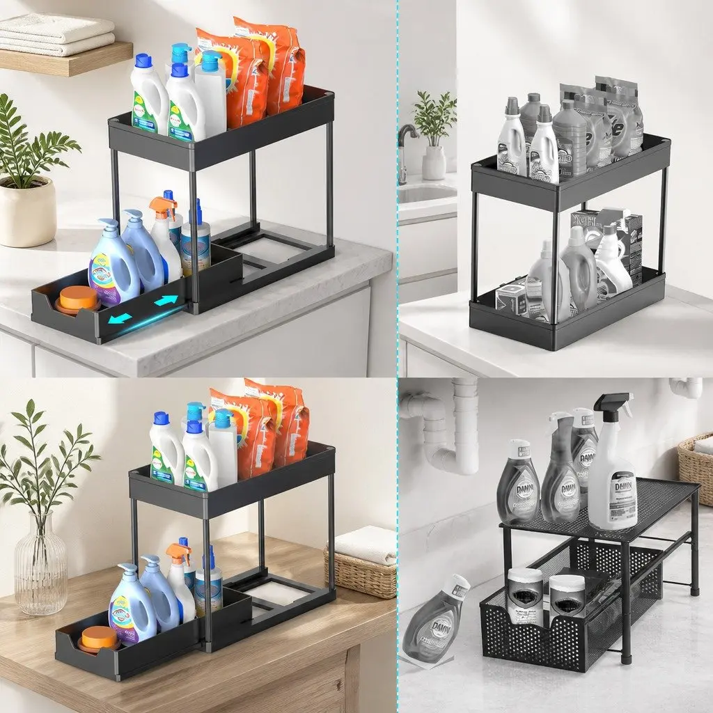 Under Sink Organizer ABS 2 Tier Pull-Out Basket 2 Pack White