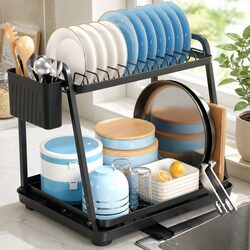 2-Tier Dish Drying Rack for Kitchen Countertop with Drainage Tray Utensil
