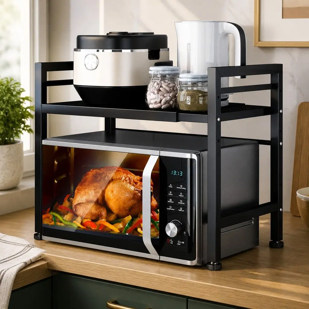 2-Tier Microwave Oven Rack Adjustable Metal Kitchen Shelf Stand Black 63x48x32cm