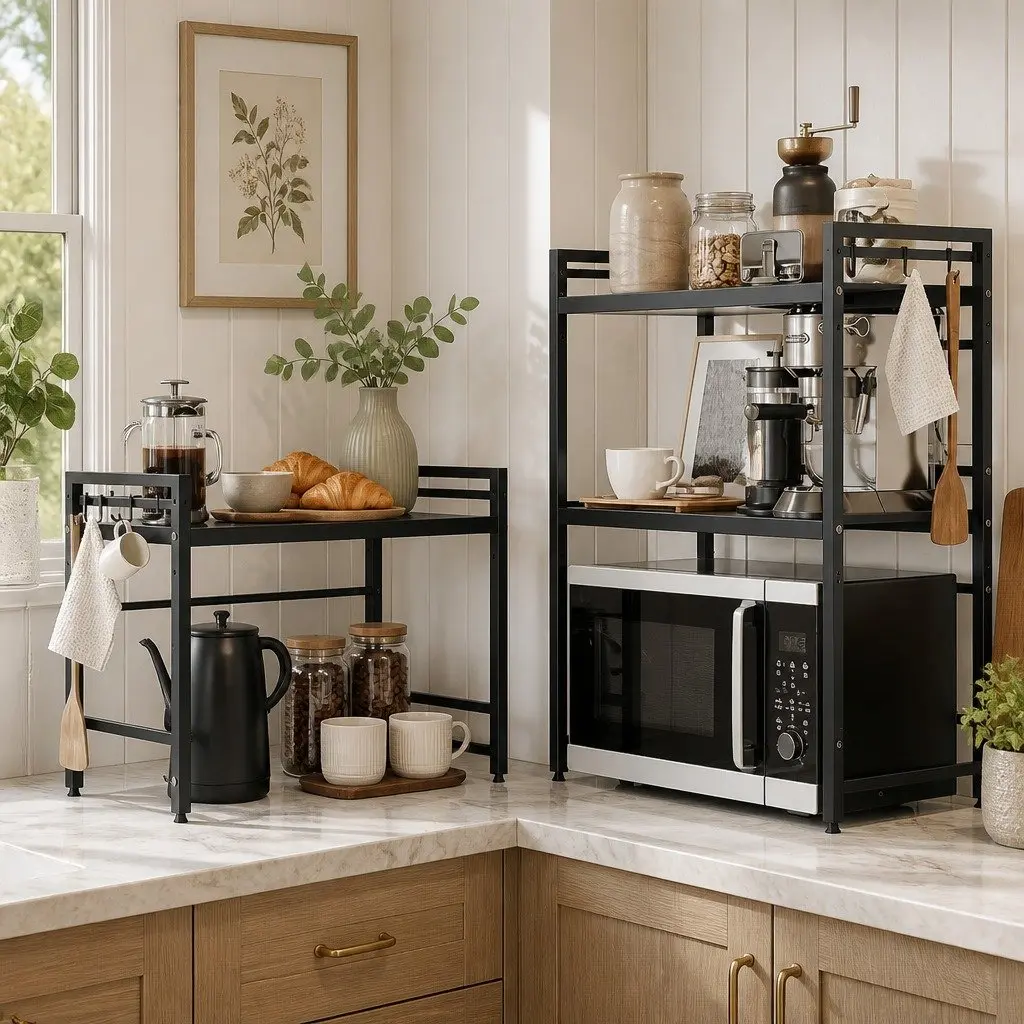 2-Tier Microwave Oven Rack Adjustable Metal Kitchen Shelf Stand Black 63x48x32cm