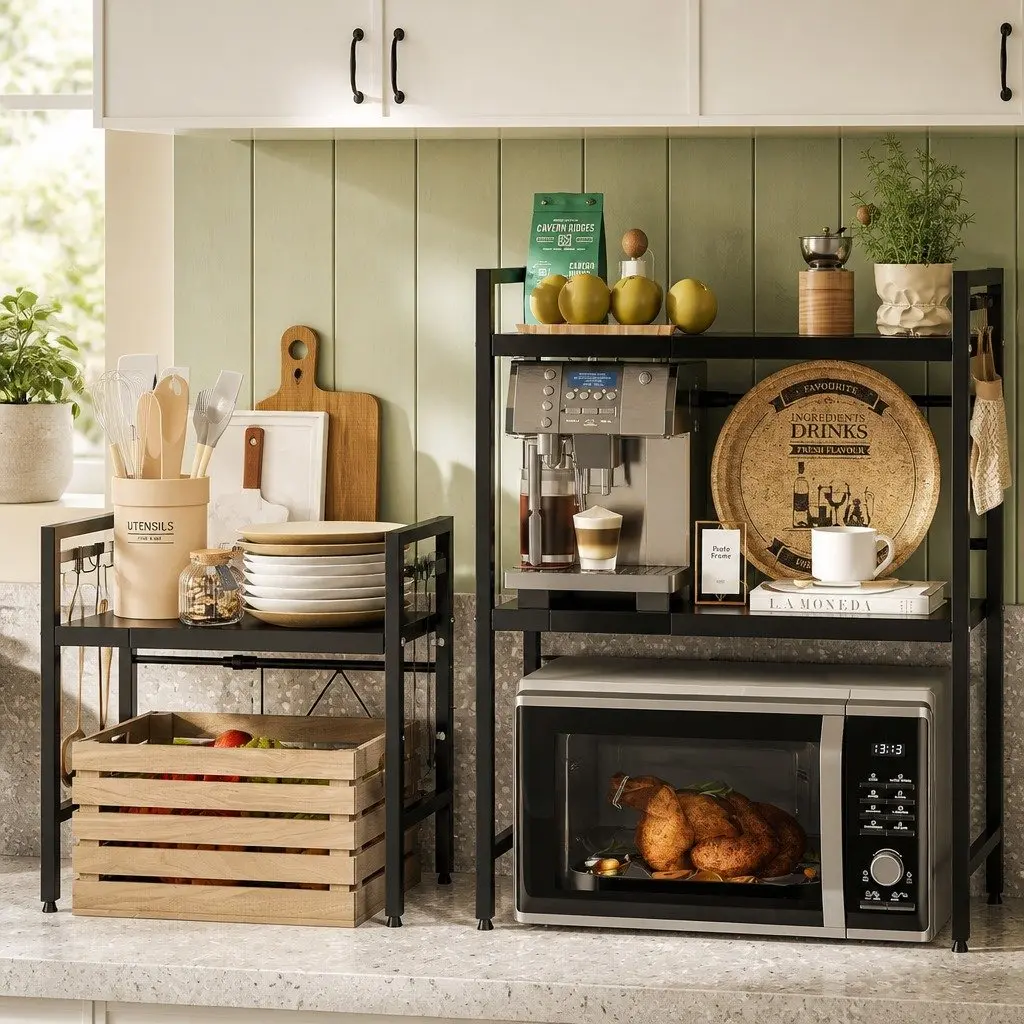 2-Tier Microwave Oven Rack Adjustable Metal Kitchen Shelf Stand Black 63x48x32cm