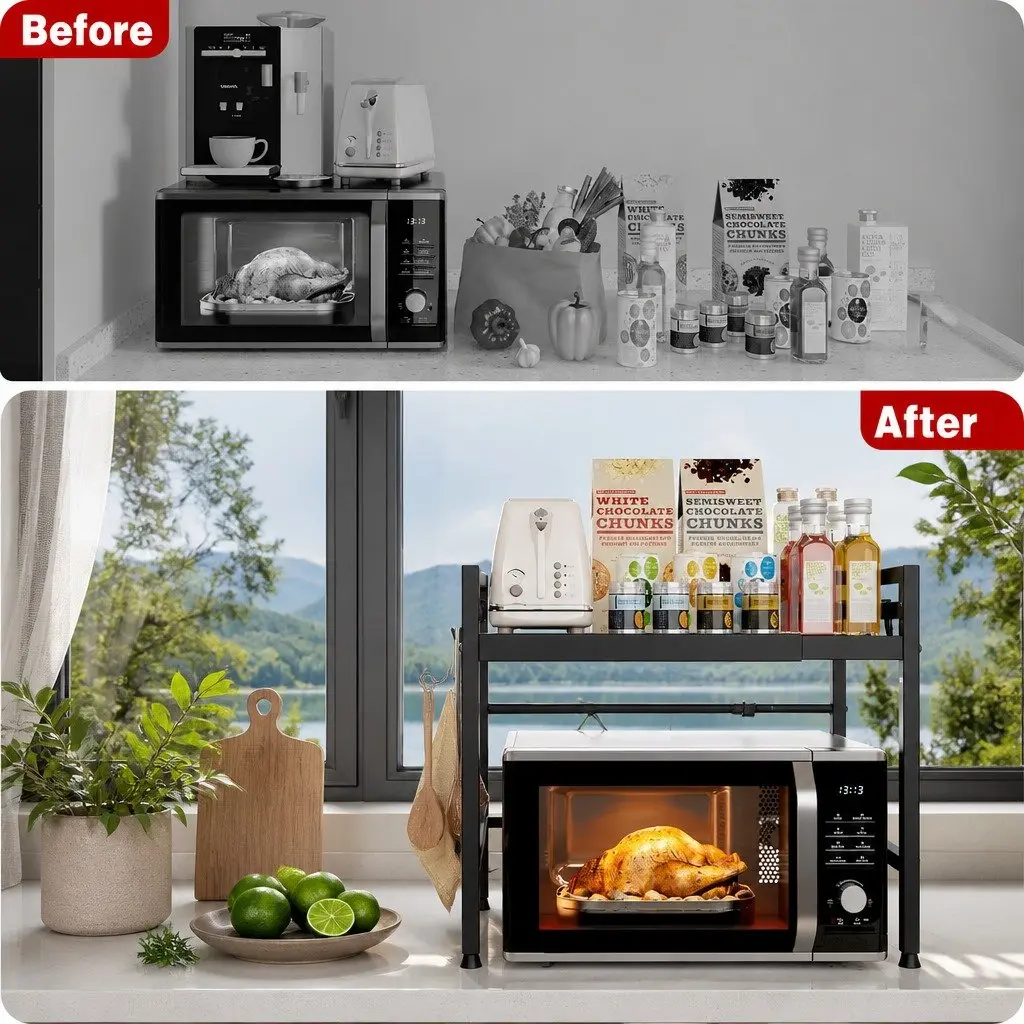 2-Tier Microwave Oven Rack Adjustable Metal Kitchen Shelf Stand Black 63x48x32cm