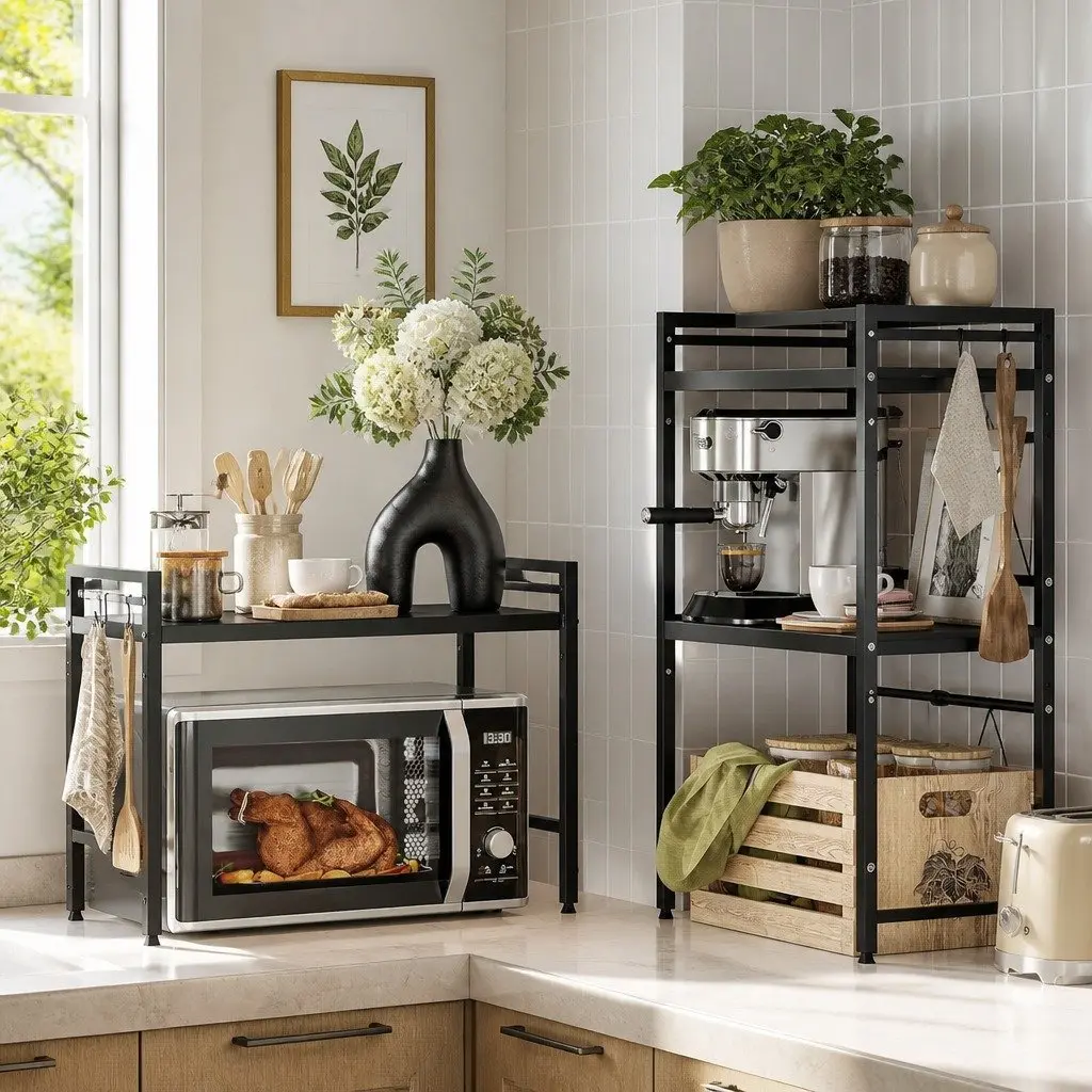 2-Tier Microwave Oven Rack Adjustable Metal Kitchen Shelf Stand Black 63x48x32cm