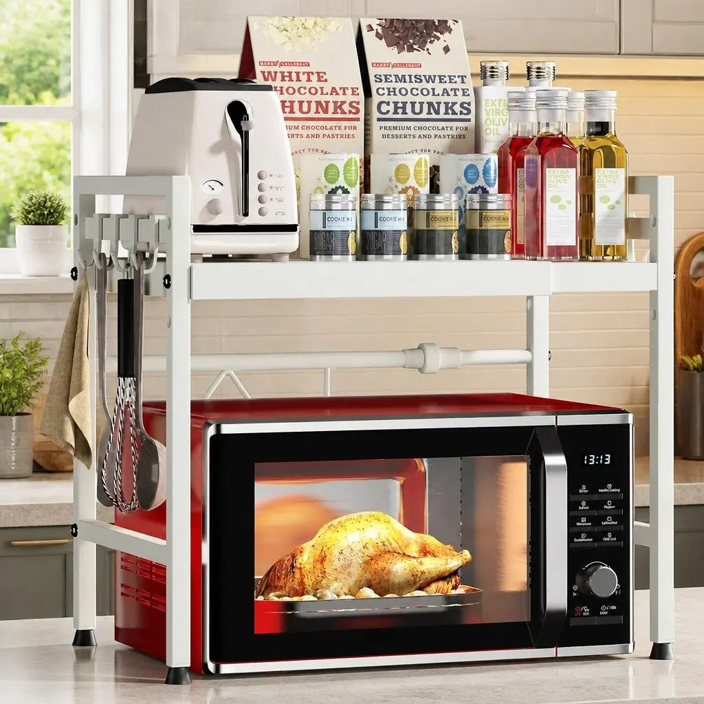 Microwave Oven Rack Adjustable Metal 2-Tier Kitchen Shelf Stand White