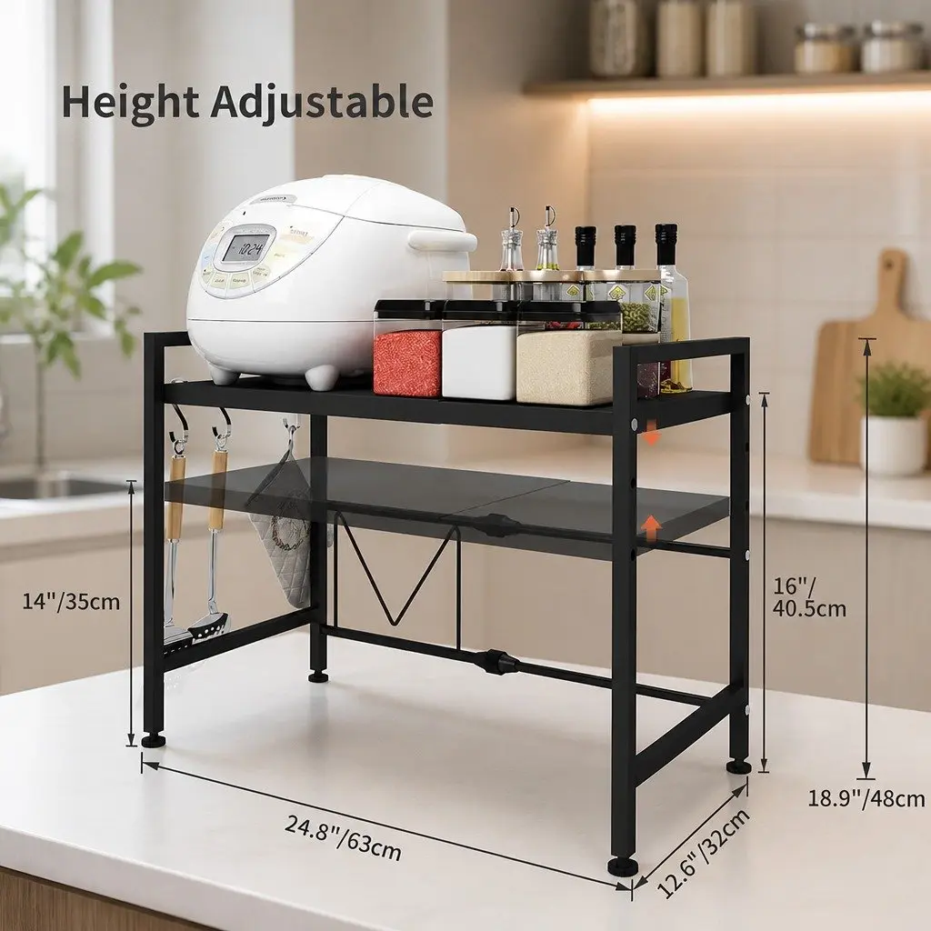 Microwave Oven Rack Adjustable Metal 2-Tier Kitchen Shelf Stand White