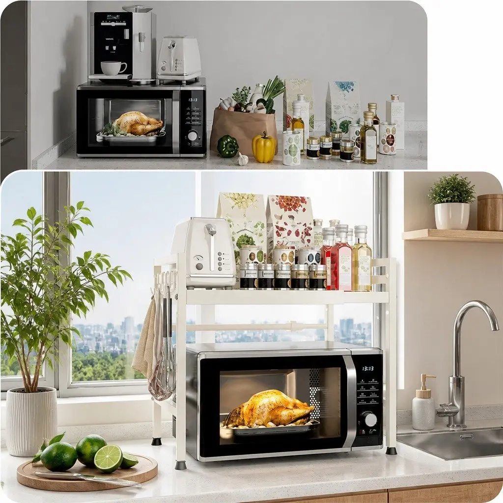 Microwave Oven Rack Adjustable Metal 2-Tier Kitchen Shelf Stand White