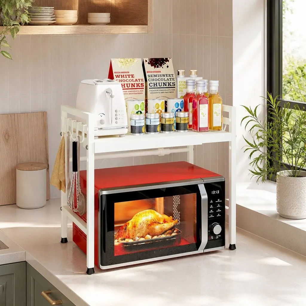 Microwave Oven Rack Adjustable Metal 2-Tier Kitchen Shelf Stand White