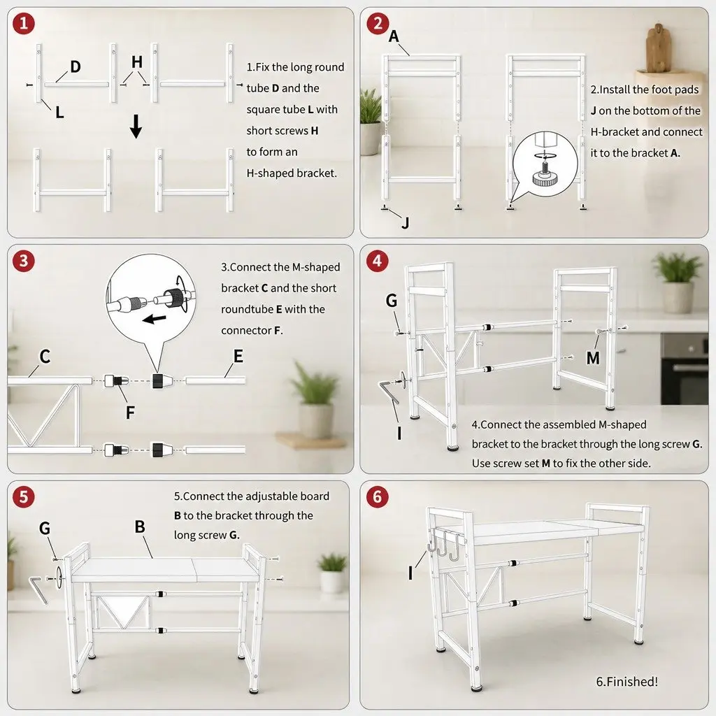 Microwave Oven Rack Adjustable Metal 2-Tier Kitchen Shelf Stand White