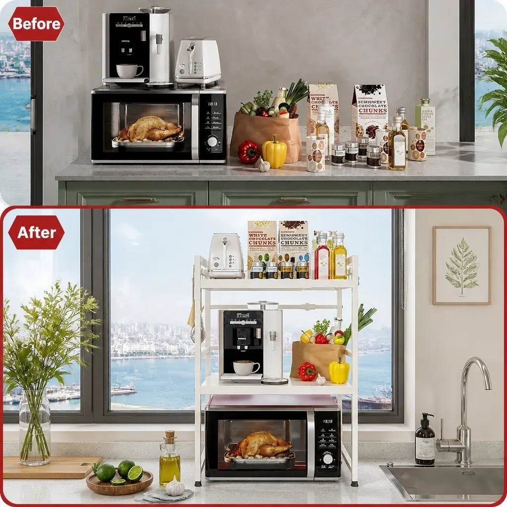 3-Tier Metal Kitchen Shelf Stand Adjustable Countertop Rack