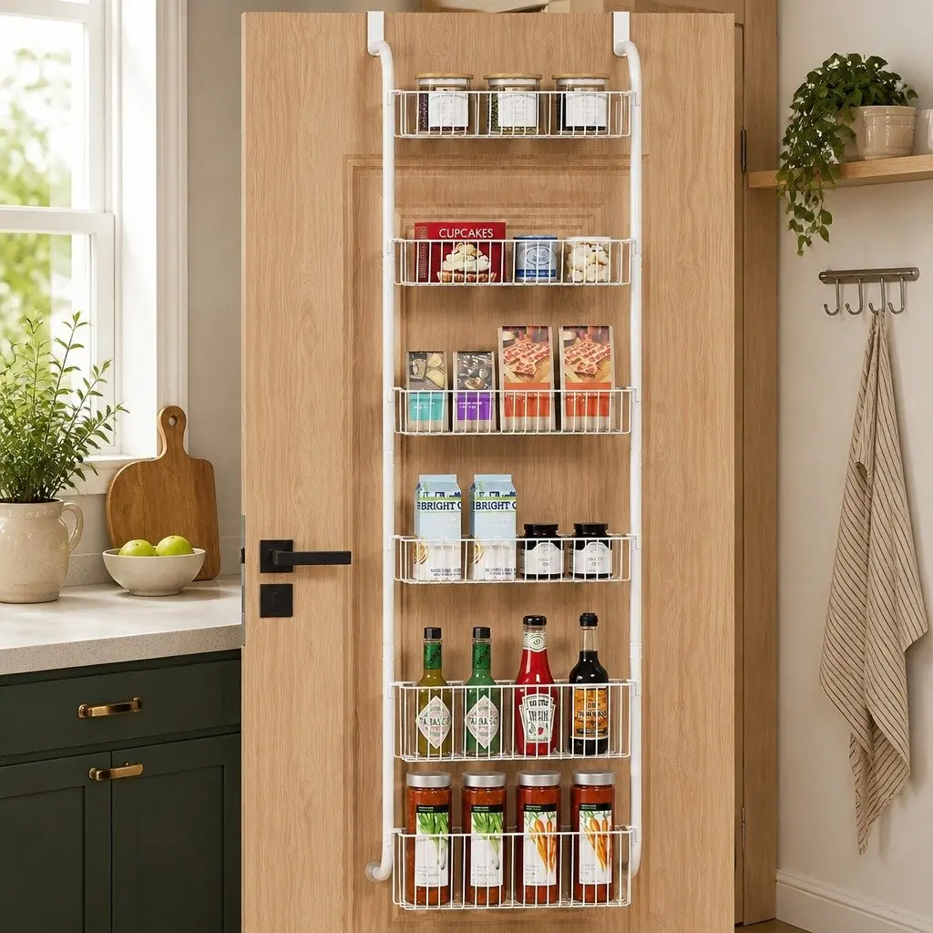 6-Tier Metal Over the Door Organizer White Pantry Rack Hanging Baskets