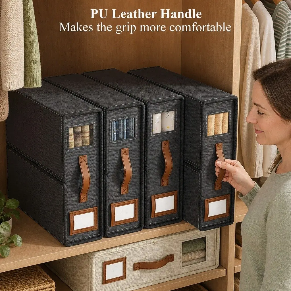 Storage Box Organizer Set of 8 with Clear Window Handle Black