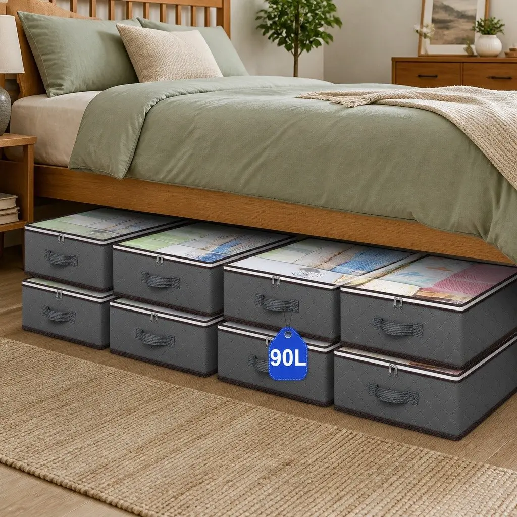 Underbed Storage Bins Non-woven Fabric 90L Large Capacity 8 Pack Clear Top Window