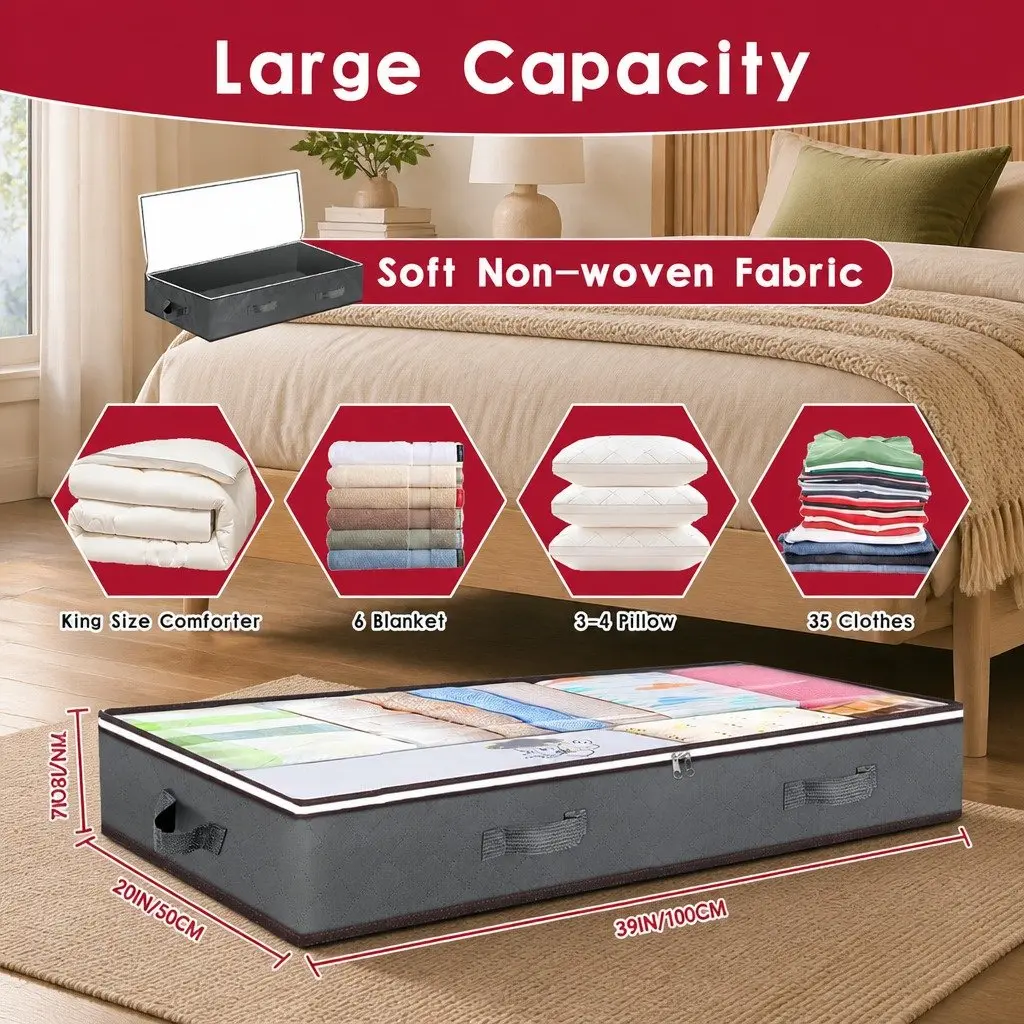 Underbed Storage Bins Non-woven Fabric 90L Large Capacity 8 Pack Clear Top Window
