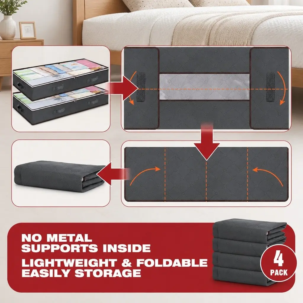 Underbed Storage Bins Non-woven Fabric 90L Large Capacity 8 Pack Clear Top Window