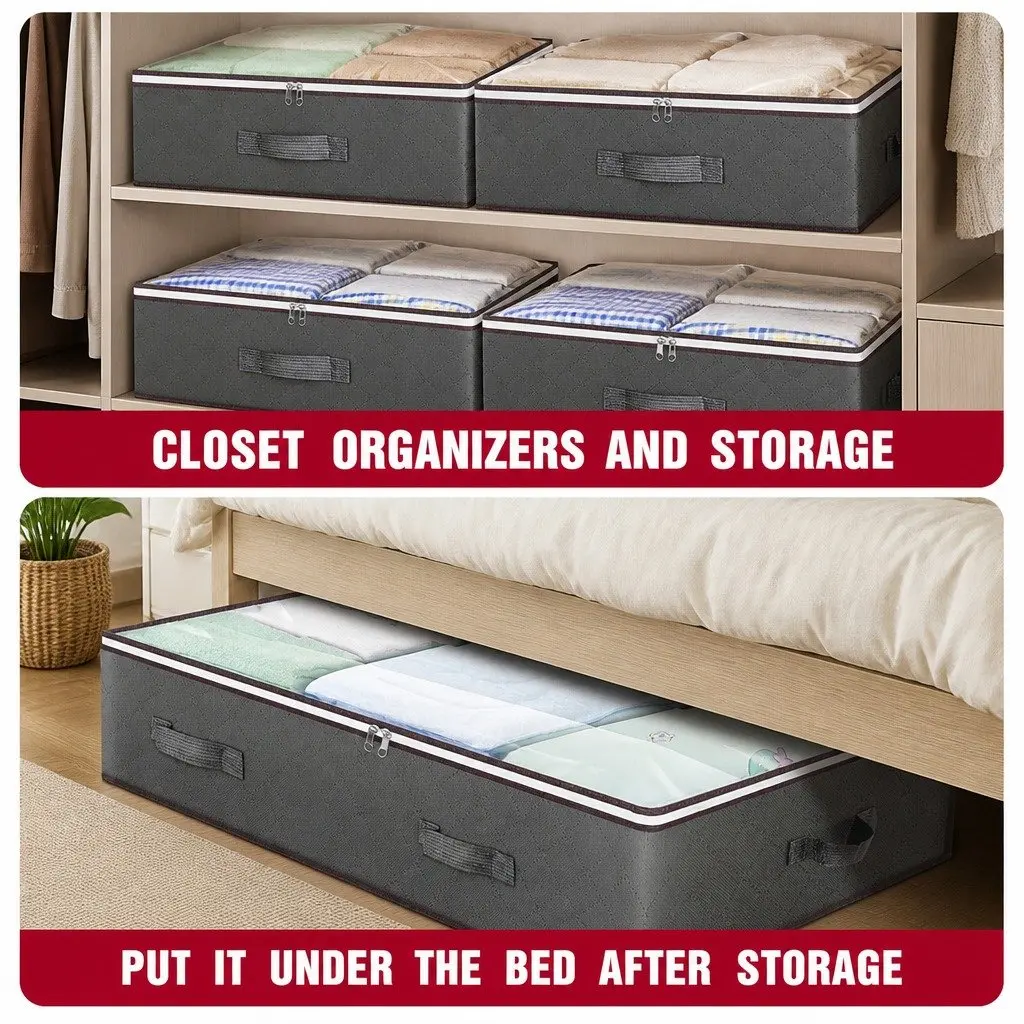 Underbed Storage Bins Non-woven Fabric 90L Large Capacity 8 Pack Clear Top Window