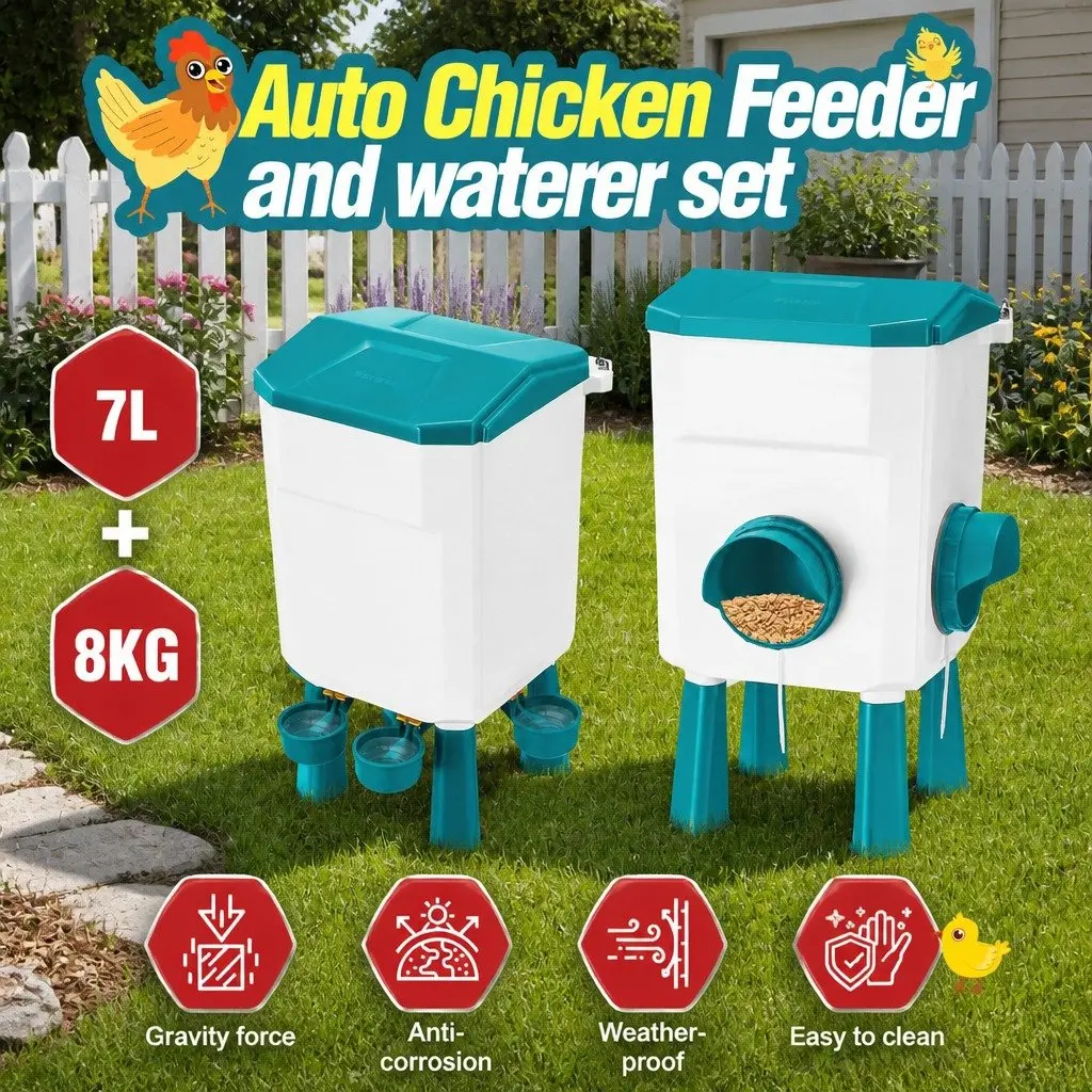 Automatic Chicken Feeder Waterer Set Gravity-fed 8KG Food 7L Water Capacity Blue