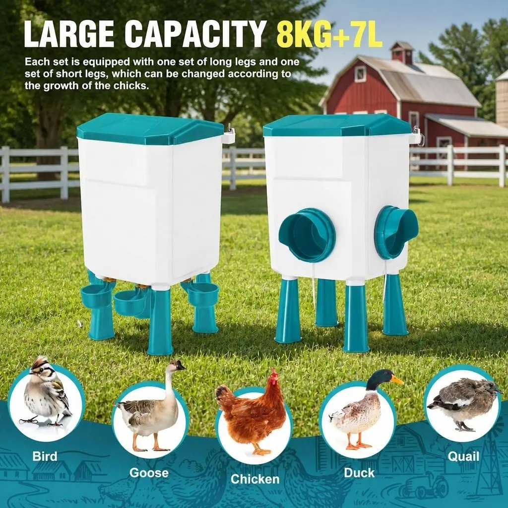 Automatic Chicken Feeder Waterer Set Gravity-fed 8KG Food 7L Water Capacity Blue