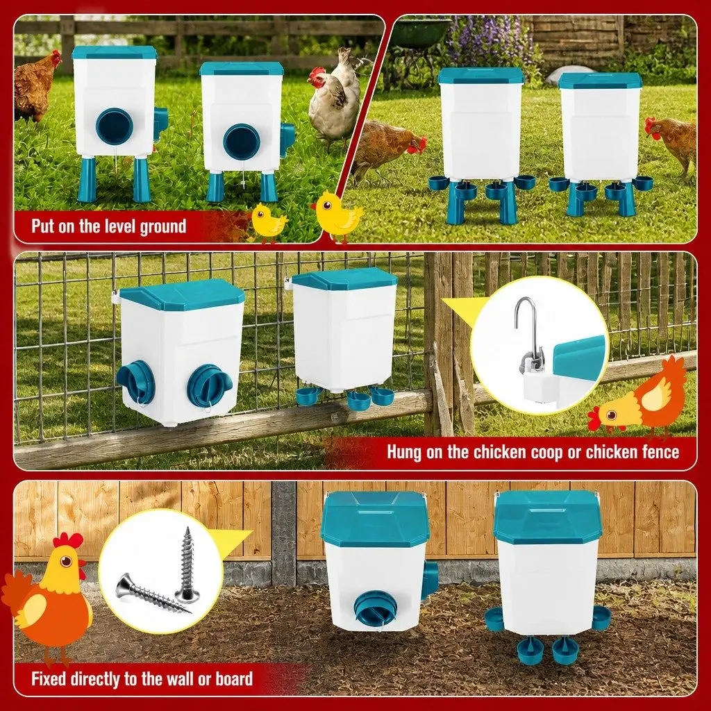 Automatic Chicken Feeder Waterer Set Gravity-fed 8KG Food 7L Water Capacity Blue