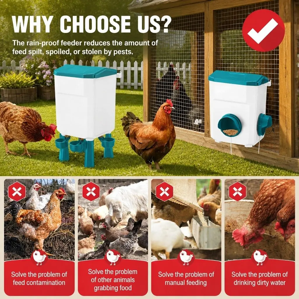 Automatic Chicken Feeder Waterer Set Gravity-fed 8KG Food 7L Water Capacity Blue