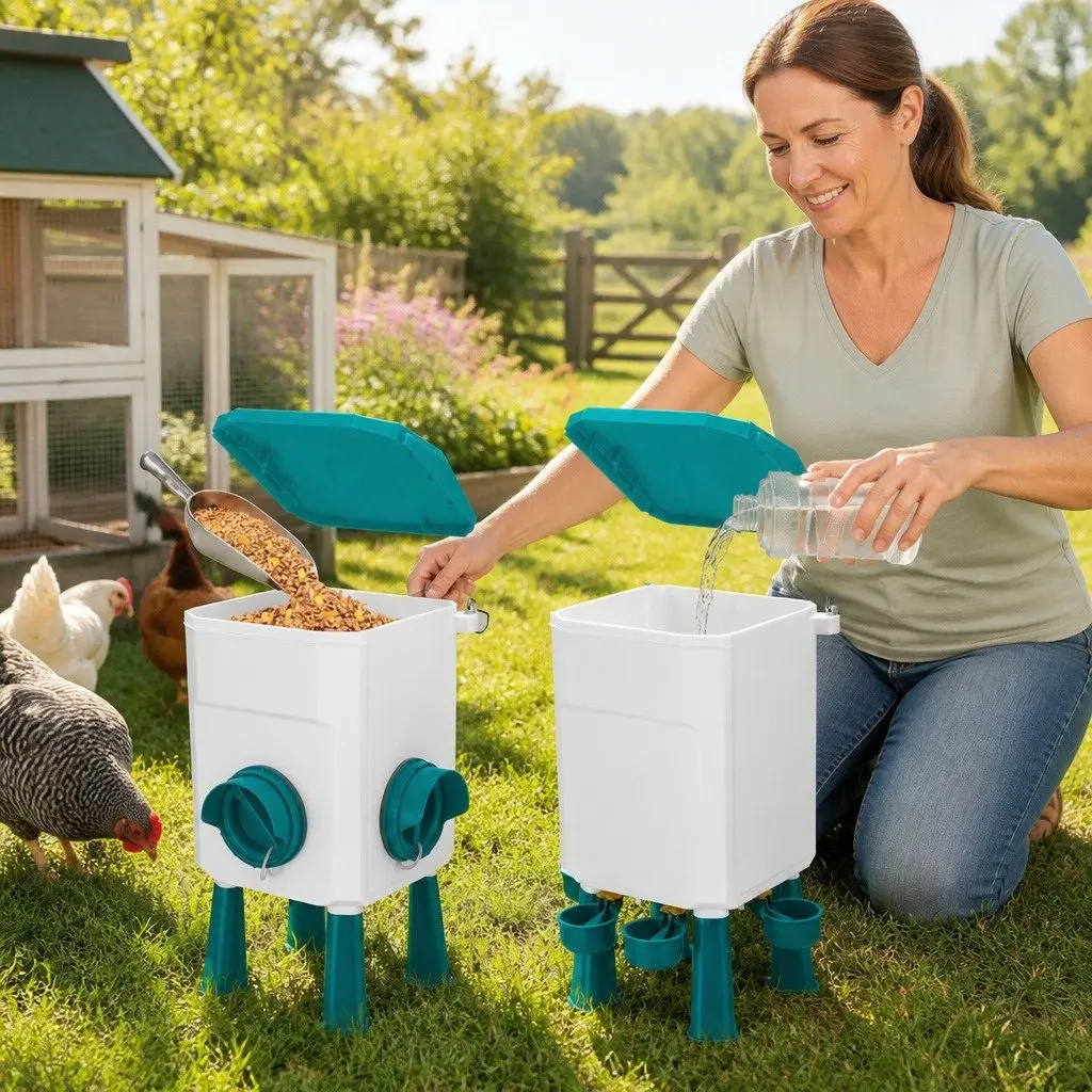 Automatic Chicken Feeder Waterer Set Gravity-fed 8KG Food 7L Water Capacity Blue