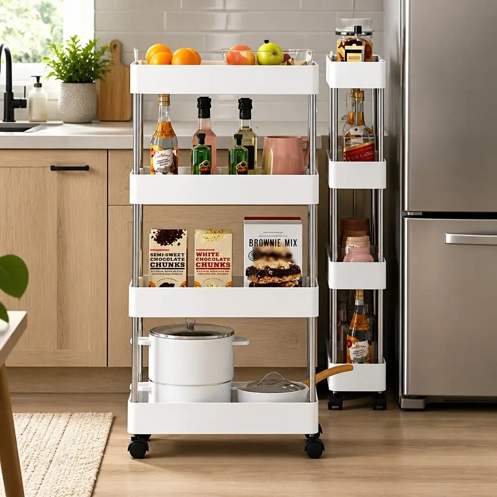 Slim Storage Cart Organizer Trolley 4-Tier Stainless Steel Plastic 40 x 13 x 62 cm for Kitchen Bathroom Laundry
