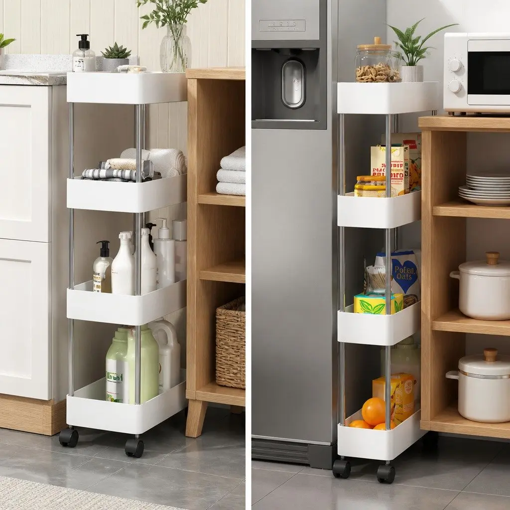 Slim Storage Cart Organizer Trolley 4-Tier Stainless Steel Plastic 40 x 13 x 62 cm for Kitchen Bathroom Laundry