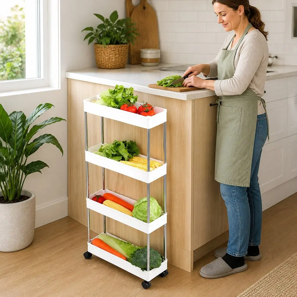 Slim Storage Cart Organizer Trolley 4-Tier Stainless Steel Plastic 40 x 13 x 62 cm for Kitchen Bathroom Laundry