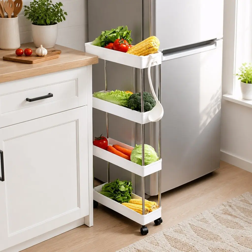 Slim Storage Cart Organizer Trolley 4-Tier Stainless Steel Plastic 40 x 13 x 62 cm for Kitchen Bathroom Laundry