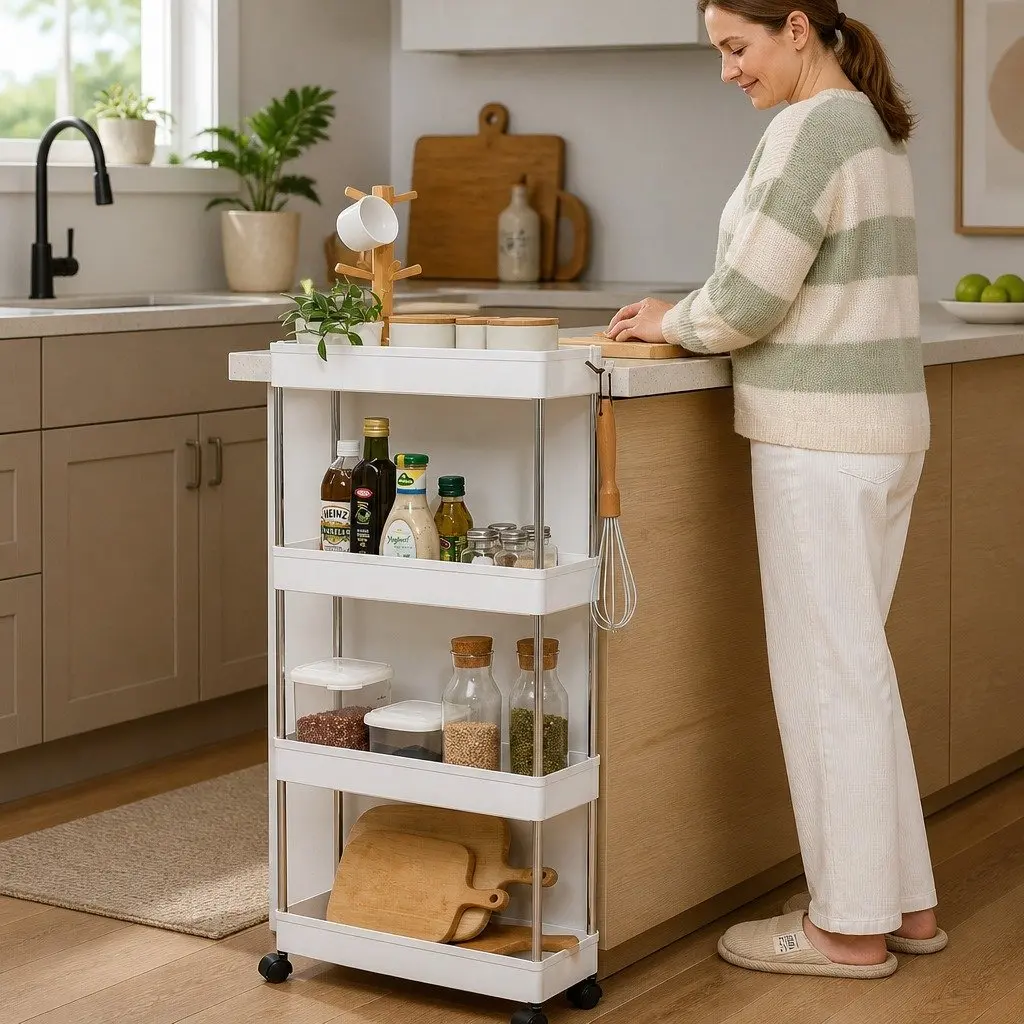 Slim Storage Cart Organizer Trolley 4-Tier Stainless Steel Plastic 40 x 13 x 62 cm for Kitchen Bathroom Laundry