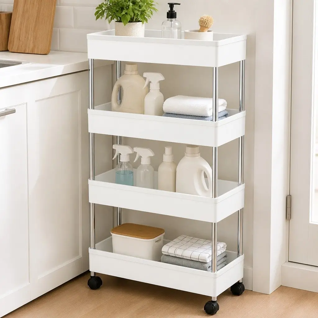 Slim Storage Cart Organizer Trolley 4-Tier Stainless Steel Plastic 40 x 13 x 62 cm for Kitchen Bathroom Laundry