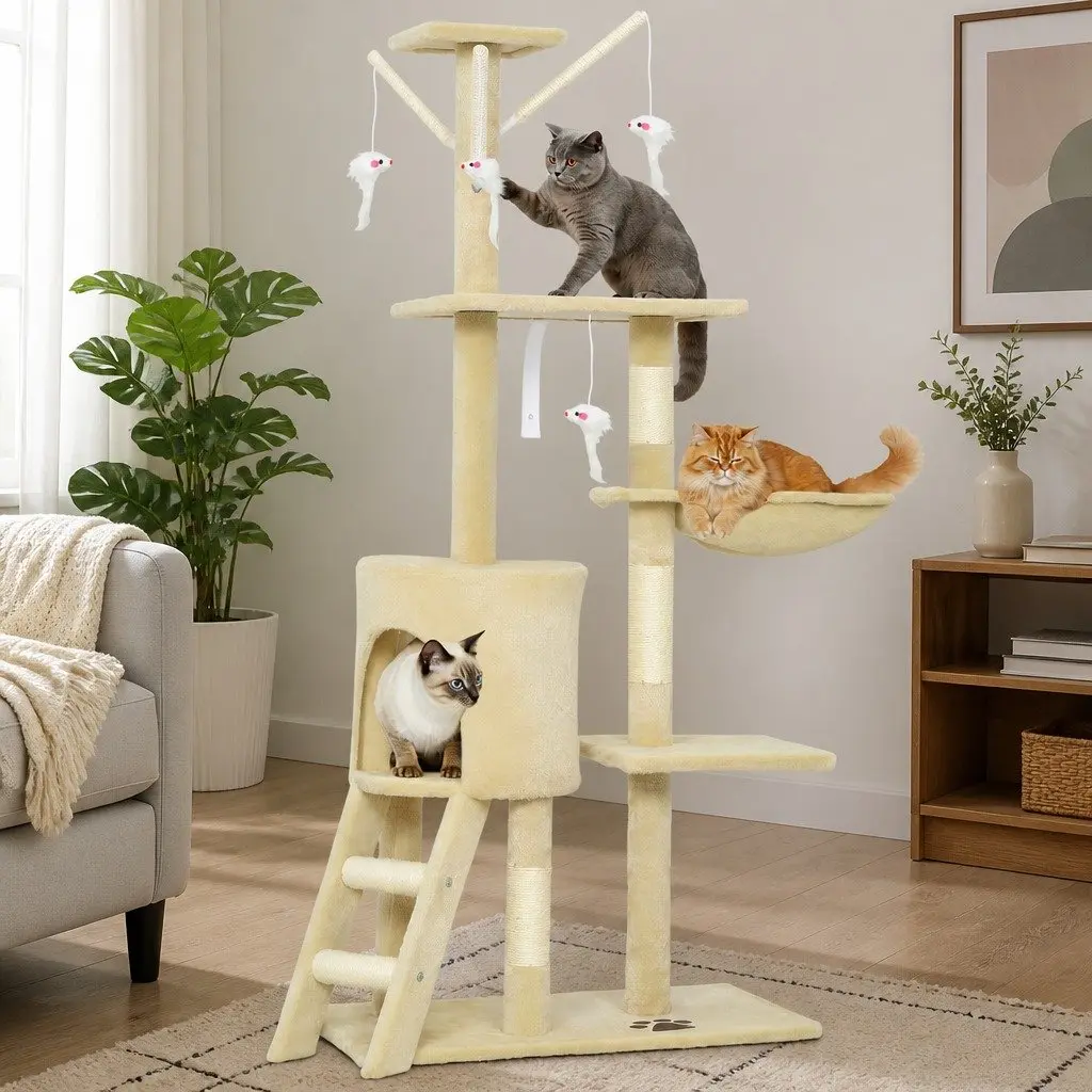 Cat Tree Plush 134cm Beige Multi-Level with Hammock Perch Sisal Scratching Posts for Indoor Cats