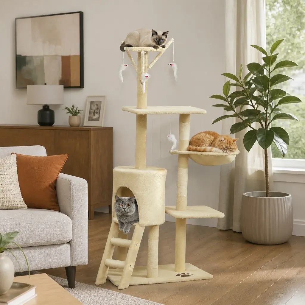 Cat Tree Plush 134cm Beige Multi-Level with Hammock Perch Sisal Scratching Posts for Indoor Cats