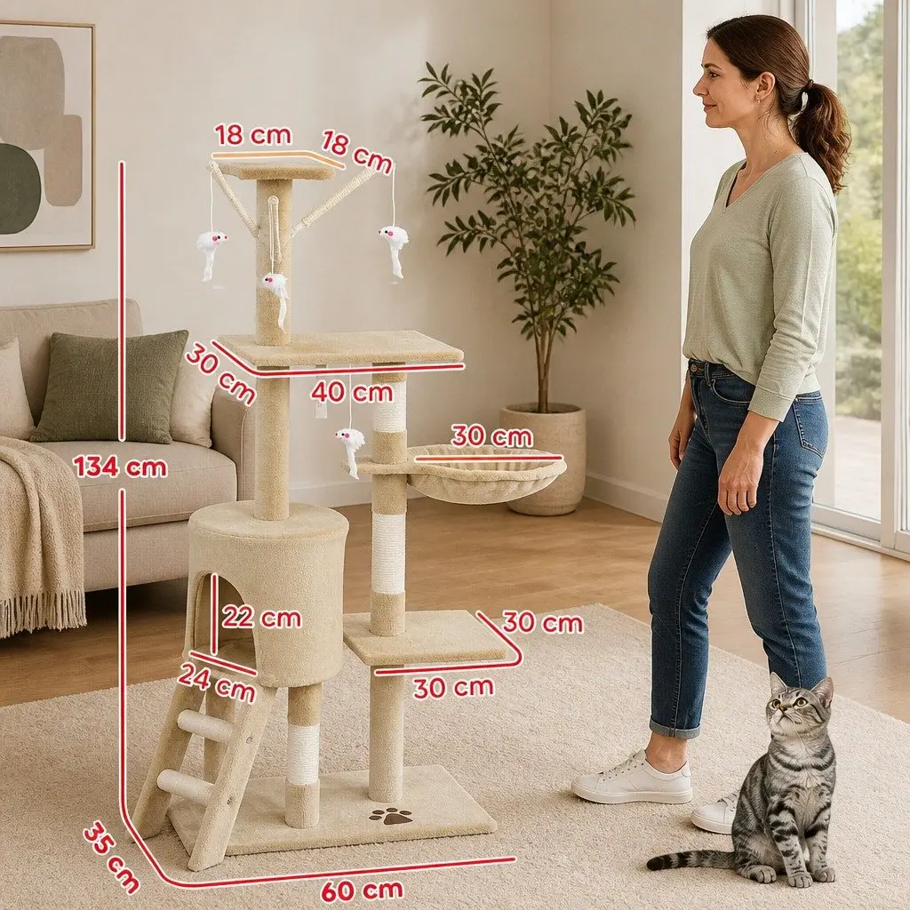 Cat Tree Plush 134cm Beige Multi-Level with Hammock Perch Sisal Scratching Posts for Indoor Cats
