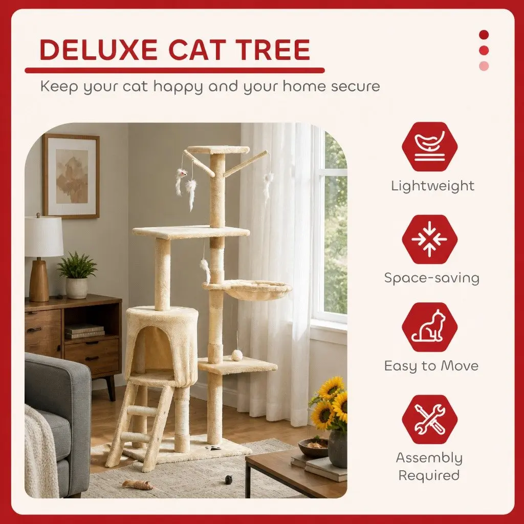 Cat Tree Plush 134cm Beige Multi-Level with Hammock Perch Sisal Scratching Posts for Indoor Cats
