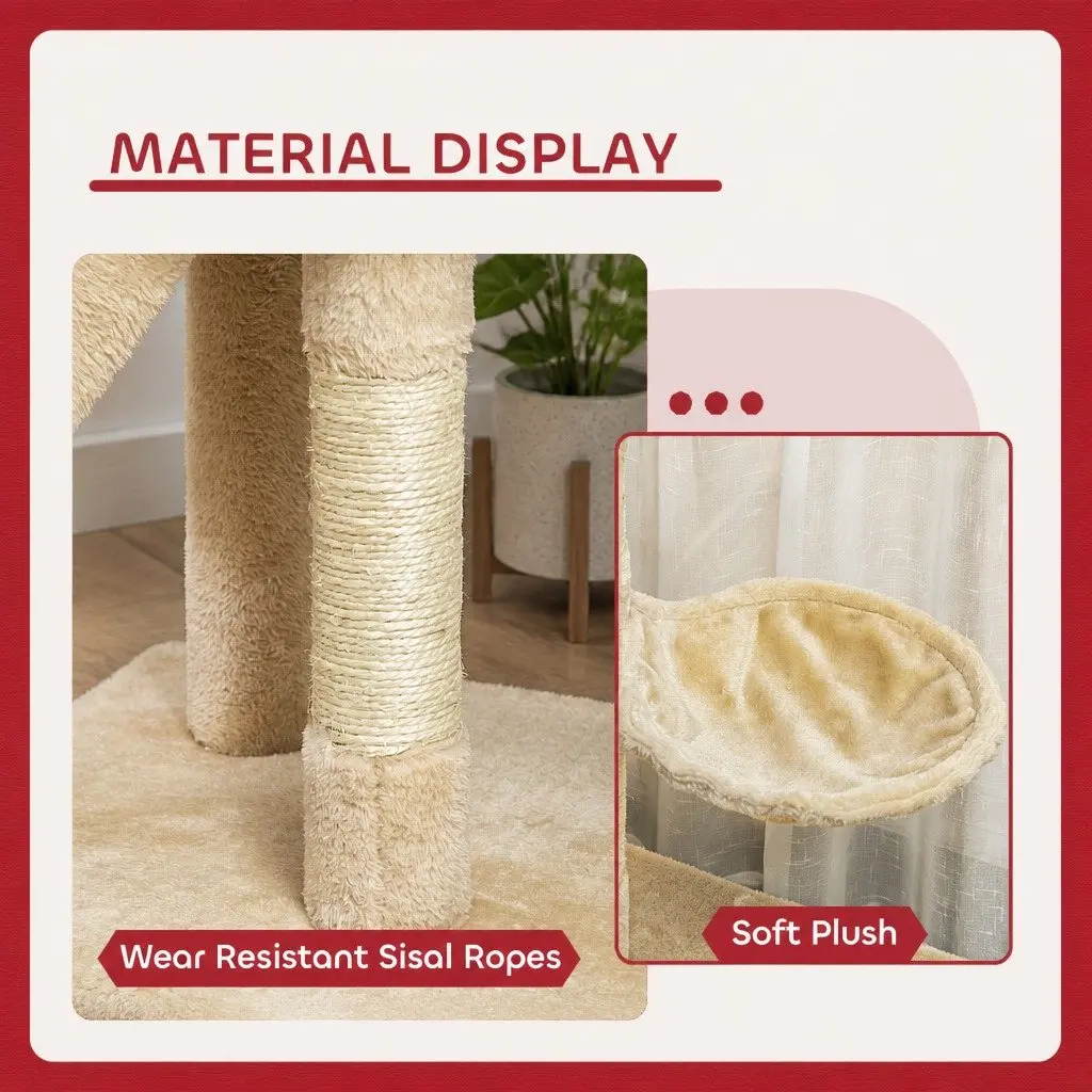 Cat Tree Plush 134cm Beige Multi-Level with Hammock Perch Sisal Scratching Posts for Indoor Cats