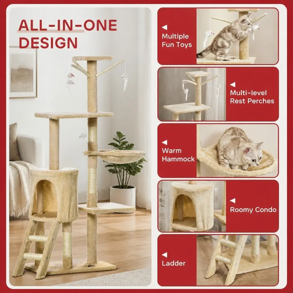 Cat Tree Plush 134cm Beige Multi-Level with Hammock Perch Sisal Scratching Posts for Indoor Cats