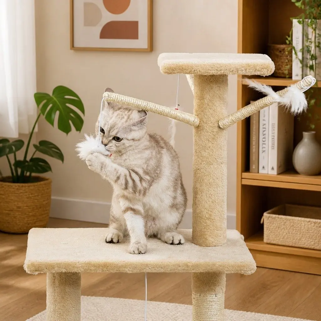 Cat Tree Plush 134cm Beige Multi-Level with Hammock Perch Sisal Scratching Posts for Indoor Cats