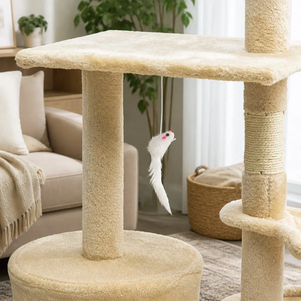 Cat Tree Plush 134cm Beige Multi-Level with Hammock Perch Sisal Scratching Posts for Indoor Cats