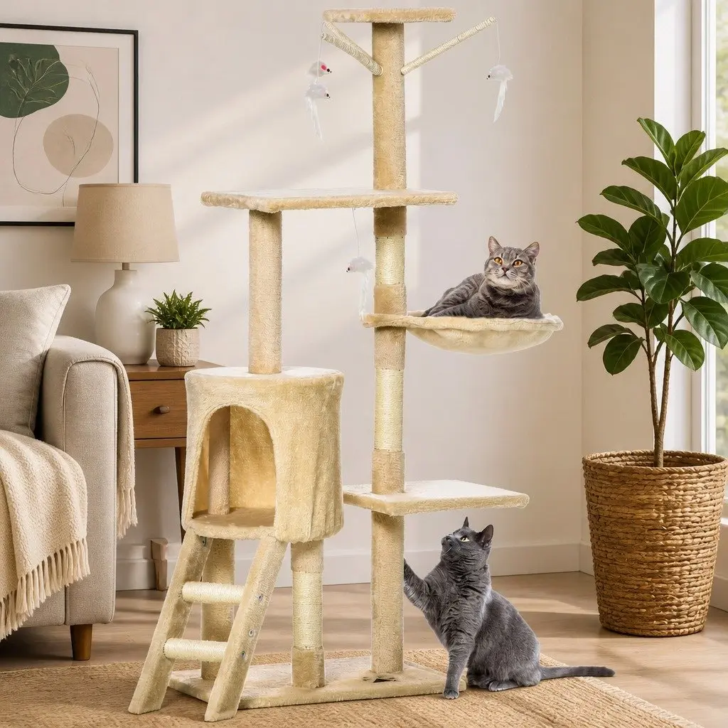 Cat Tree Plush 134cm Beige Multi-Level with Hammock Perch Sisal Scratching Posts for Indoor Cats