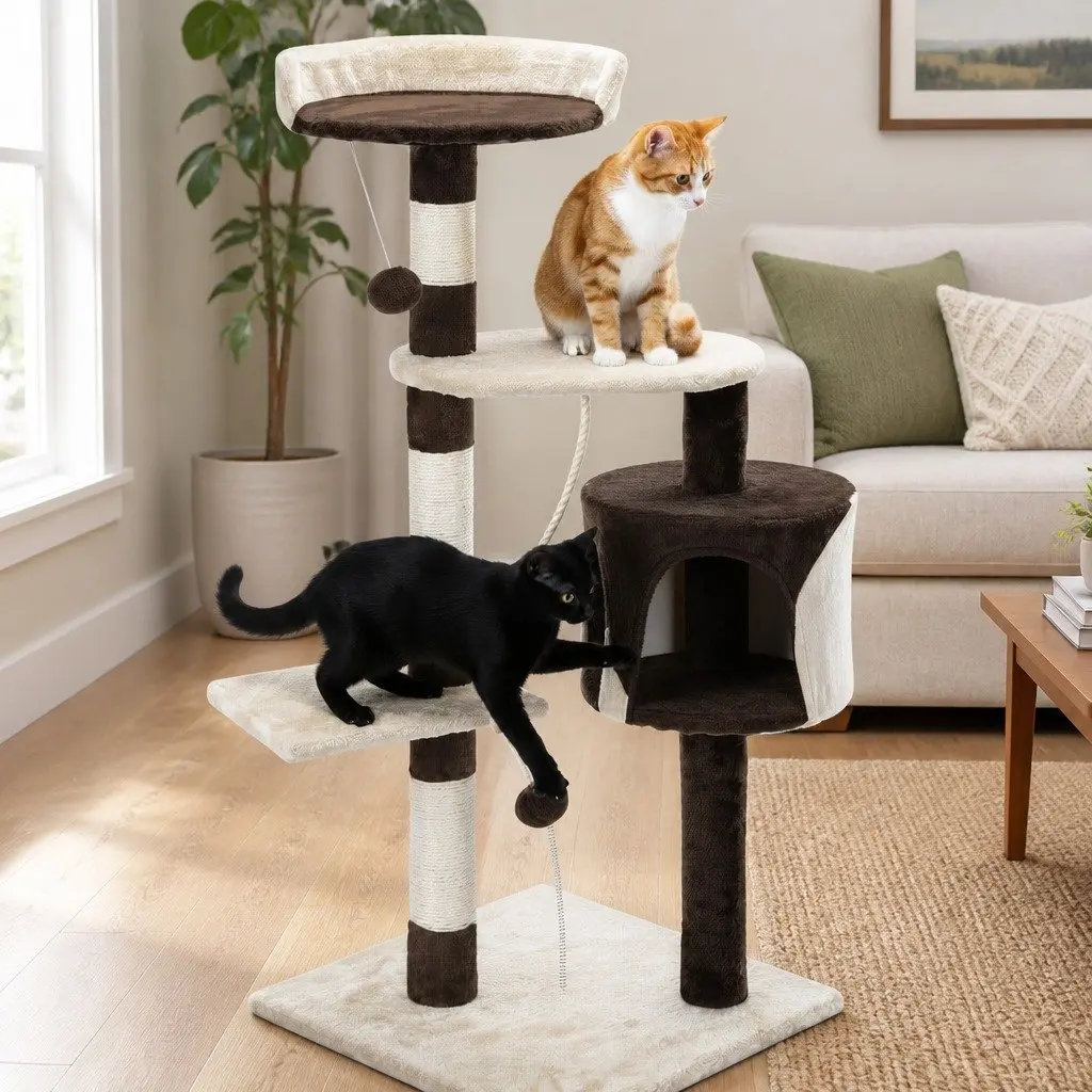 Cat Tree Plush Multi-Level 140cm Beige with Sisal Scratching Posts and Condo