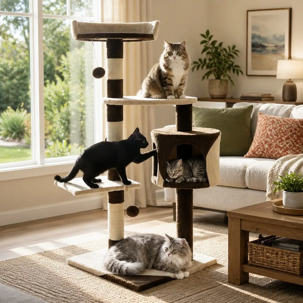 Cat Tree Plush Multi-Level 140cm Beige with Sisal Scratching Posts and Condo